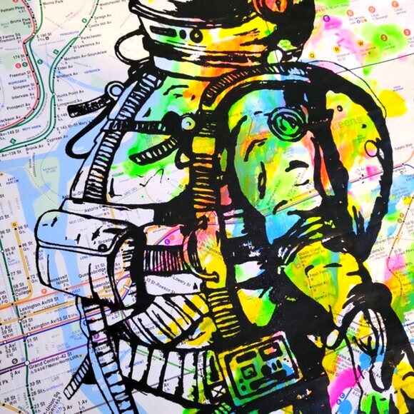 Handpainted Astronaut Acrylic Graffiti Art Spaceman artwork on a NYC Subway Map - Picture 3 of 9